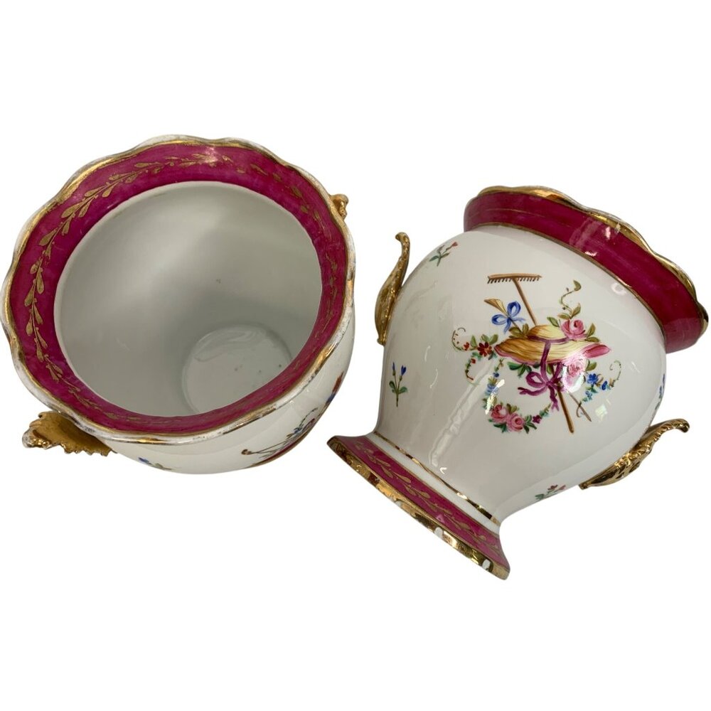 VTG French Ceramic Pots Set Of Two 6" H X 5.5" Dia Gold Filigree Birds G10530